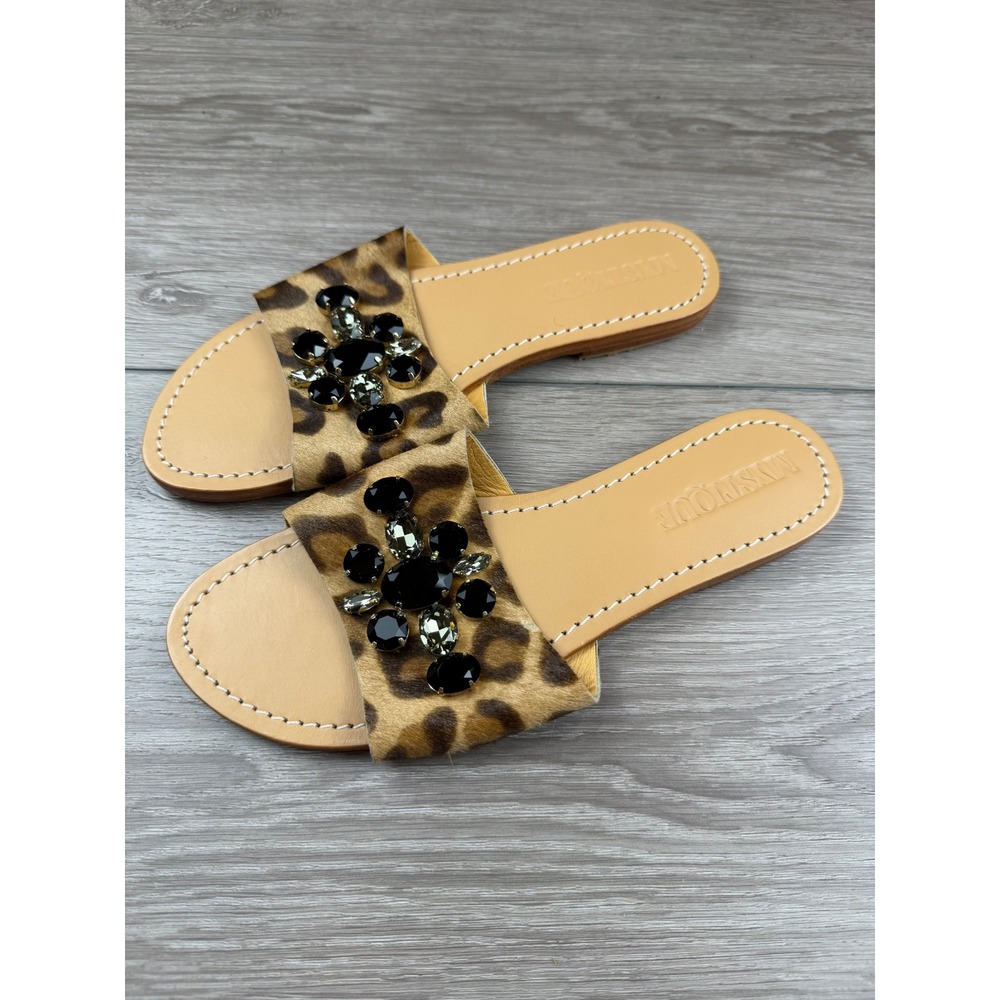 Mystique Womens Sandals Leopard Print Calf Hair Jeweled Slide Brown 8